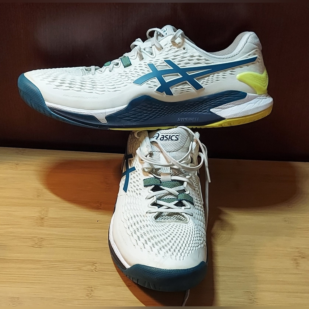 ASICS F450123 GEL RESOLUTION 9 MEN'S OFF-WHITE & AQUA TENNIS SHOES SIZE 13